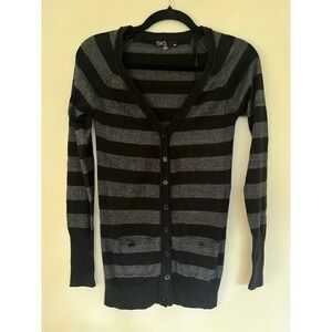 SWS Striped Cardigan Sweater Small Black Gray Long Sleeve Button Front Pockets